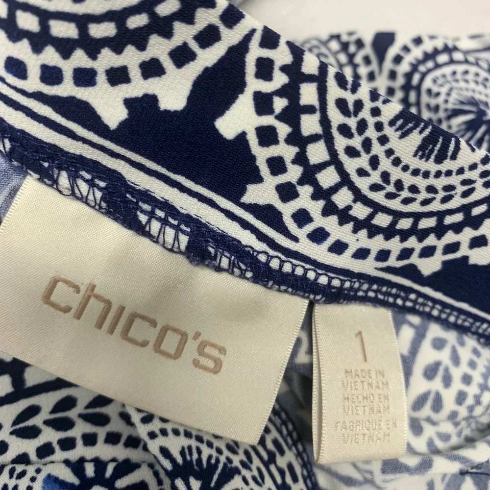 Chicos 1 Blue White Medallion Print Wide Leg Palazzo Pants Medium Boho